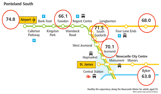 Map of the metro station in Newcastle showing the difference in longevity