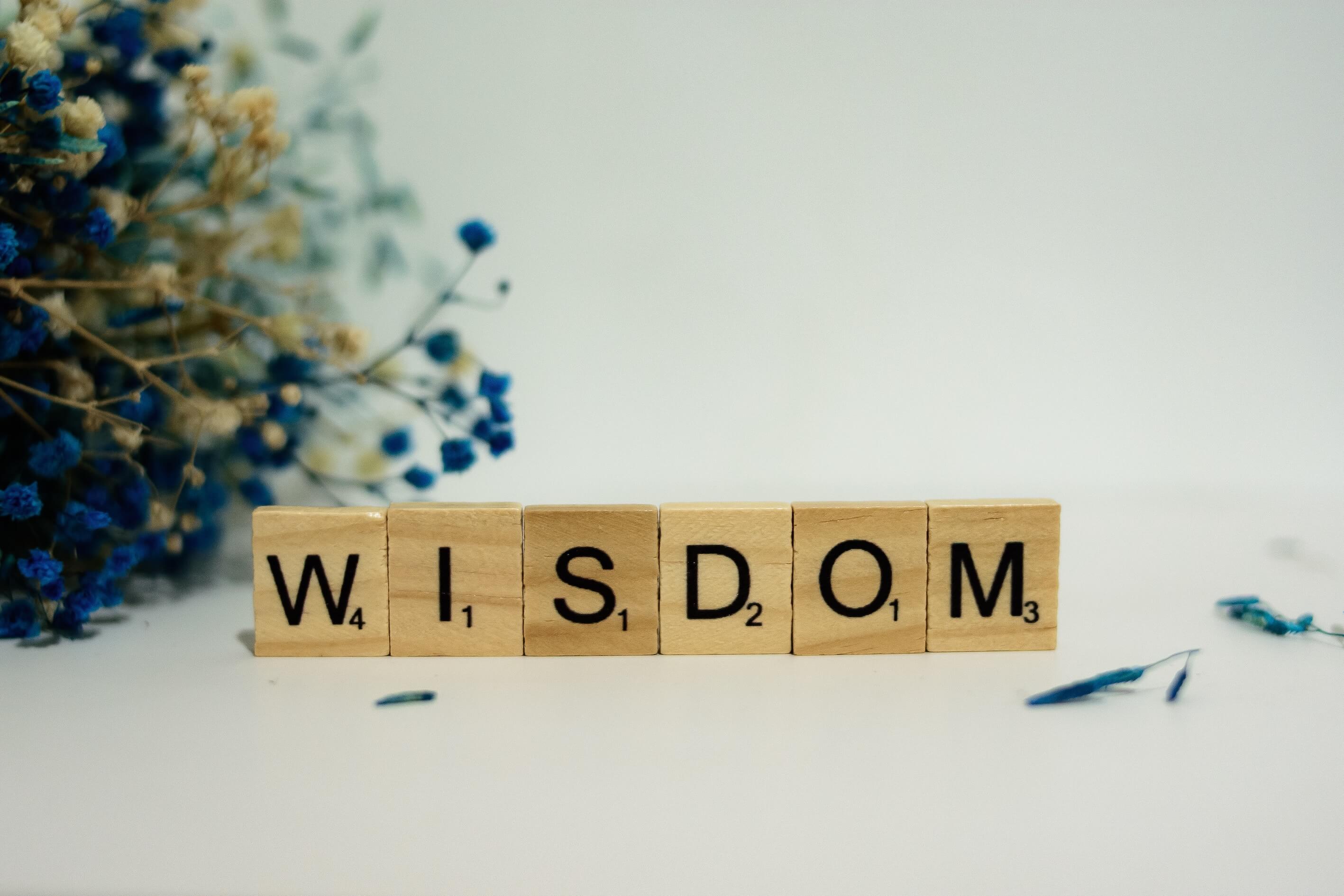 Scrabble letters making up the word Wisdom
