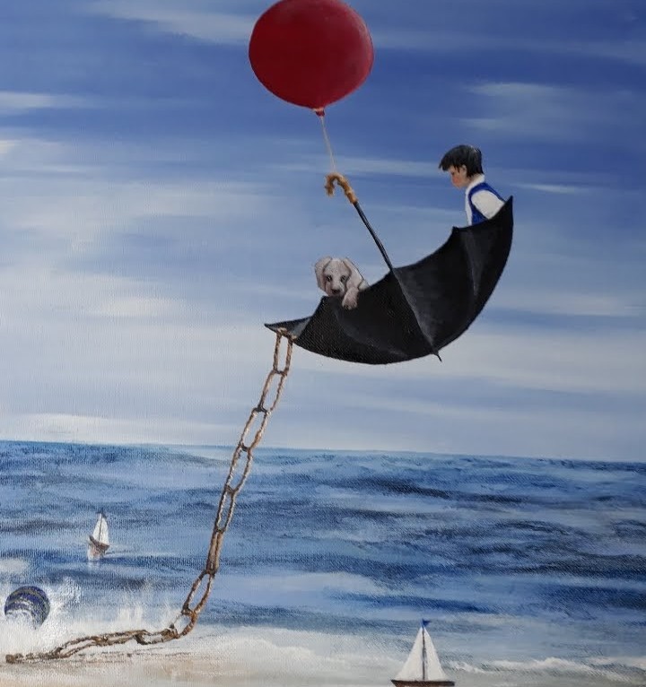 One of Carol's surreal painiing of a sea and a man in an umbrella