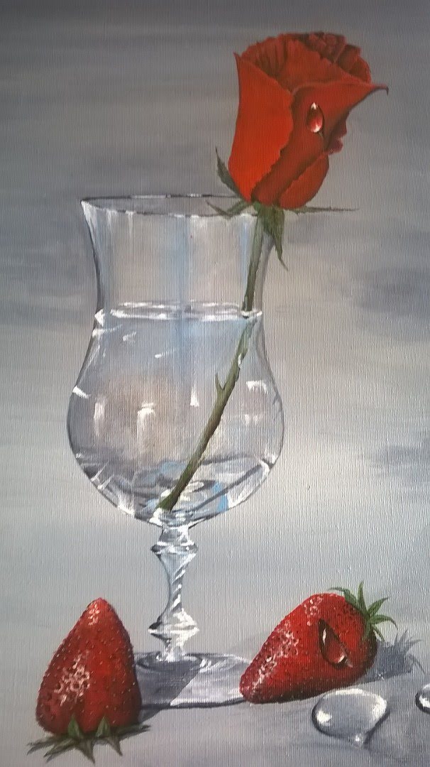 A still life by Carol, rose in glass of water