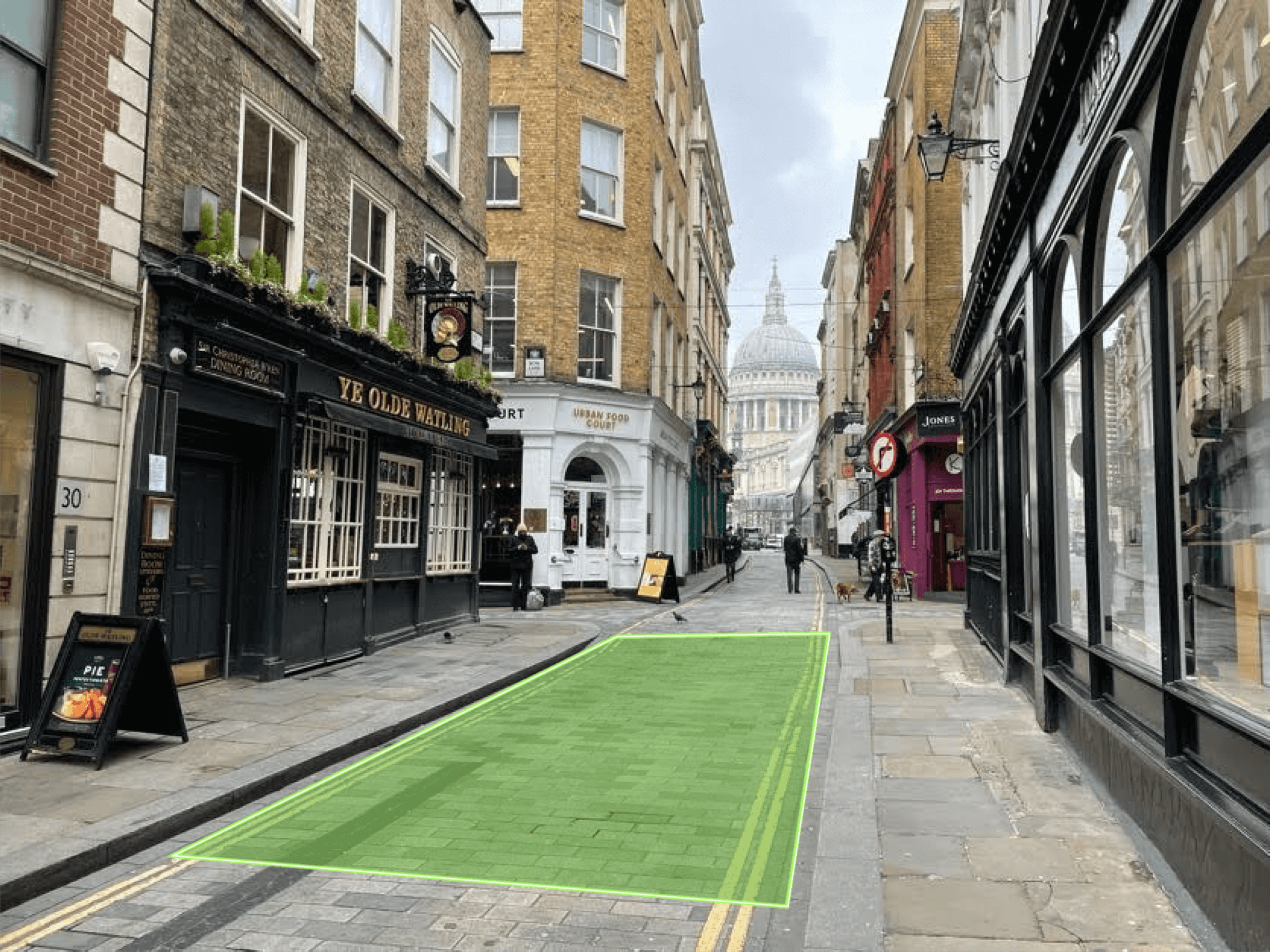 A photograph of London showing an example of a digitised parking space