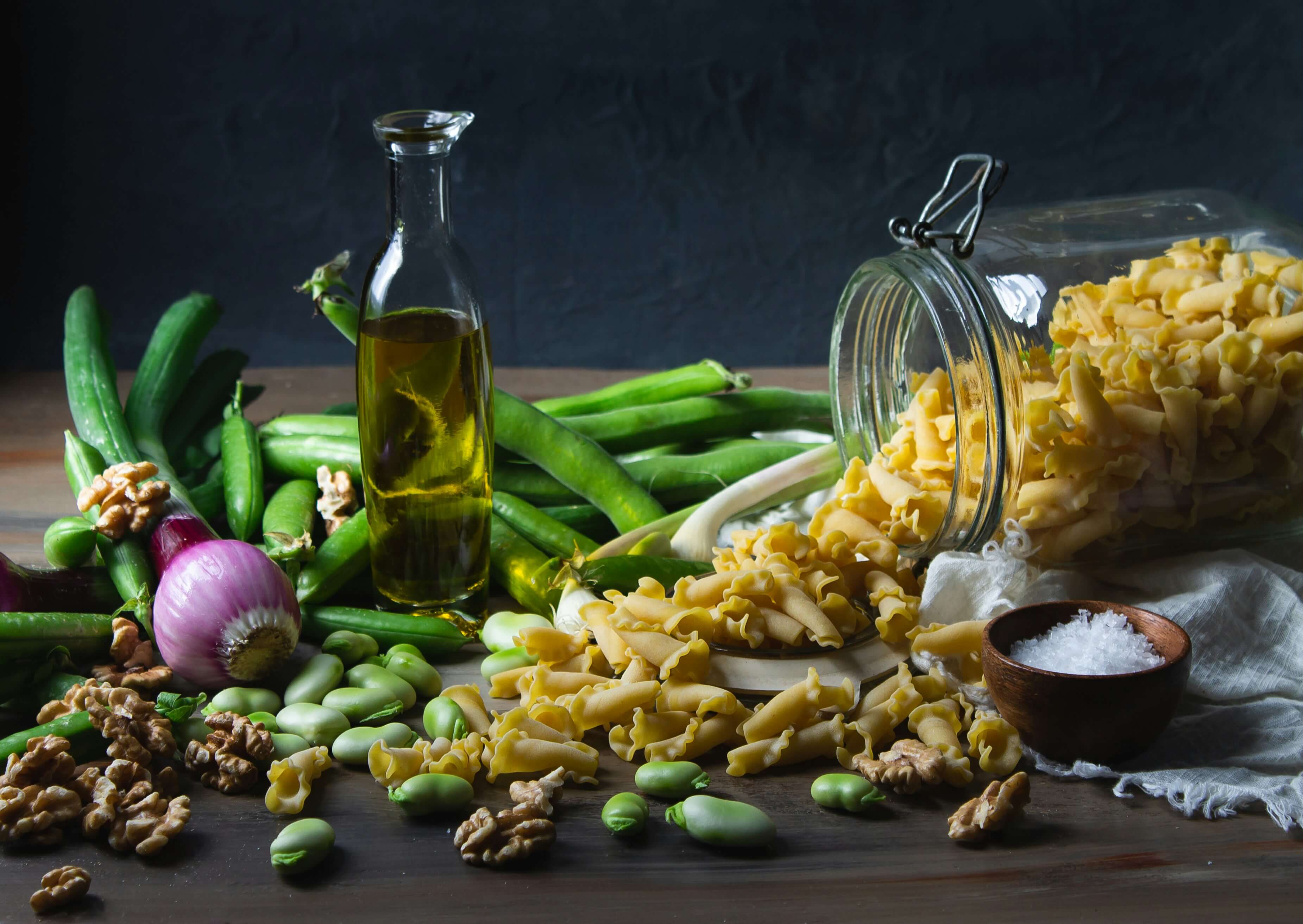 Olive oil, pasta, fresh peas and garlic.