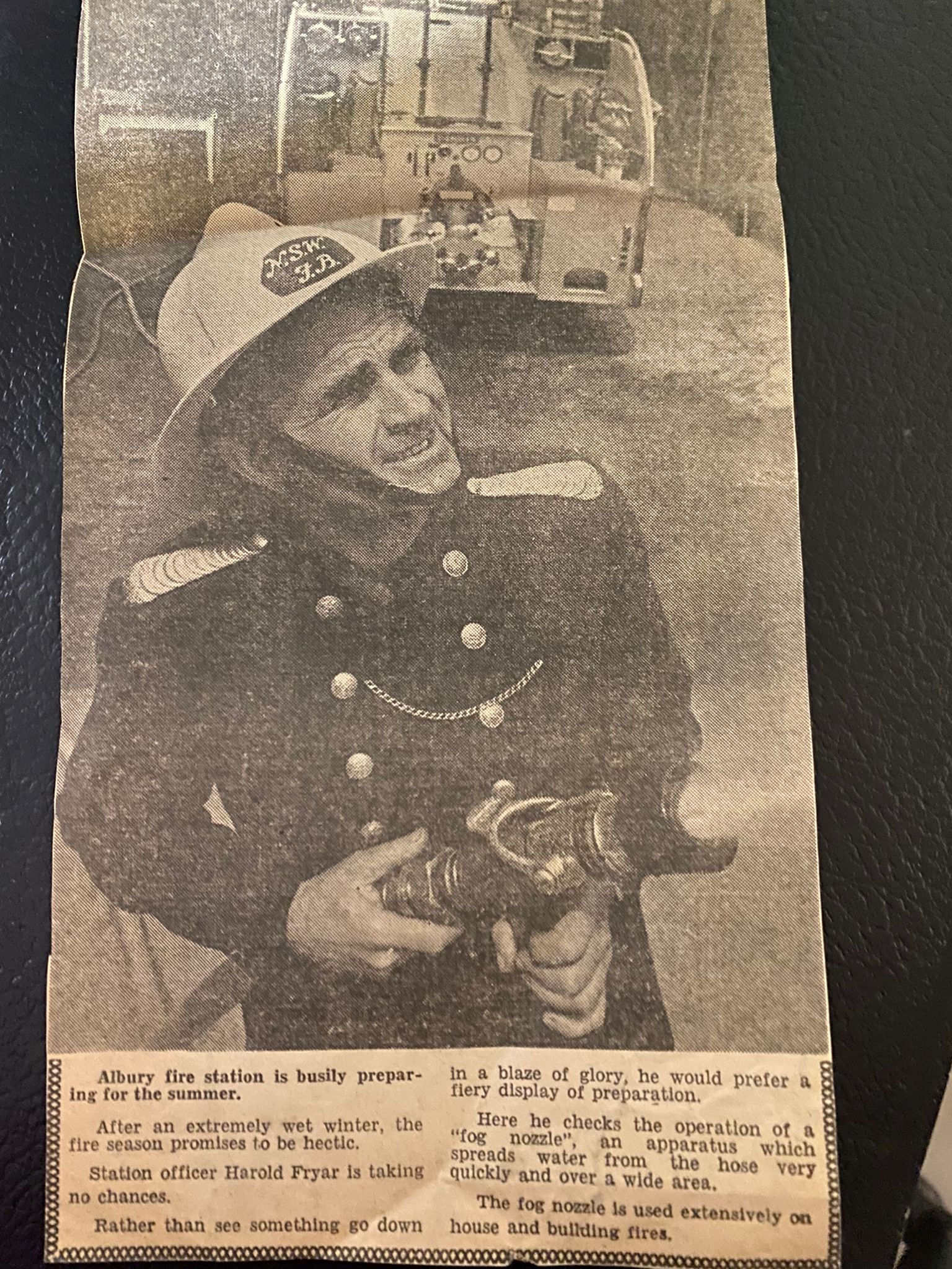 Newspaper clipping about Harold as a firefighter.