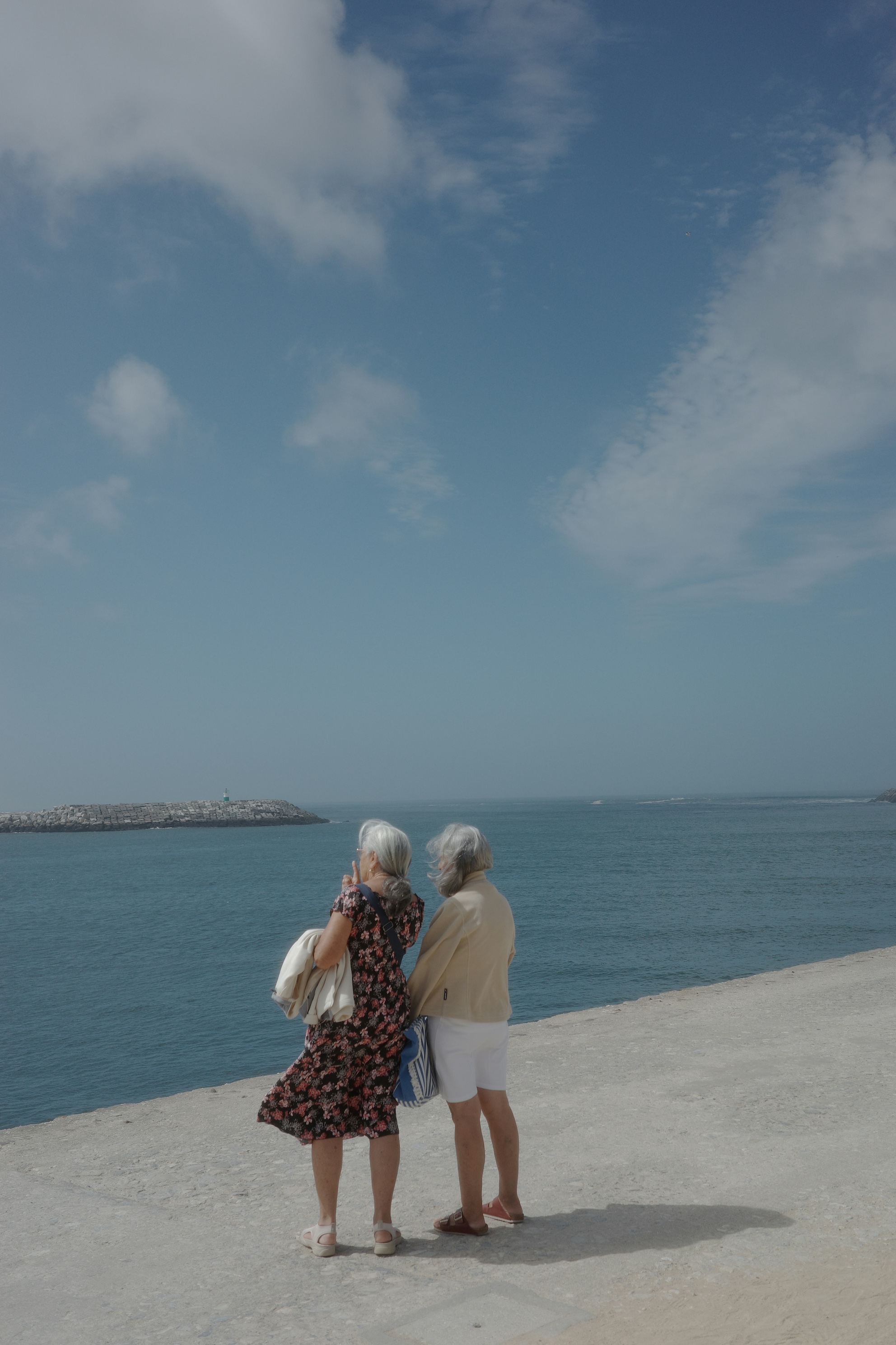 Two older women standing side by side by the sea in the sun.
